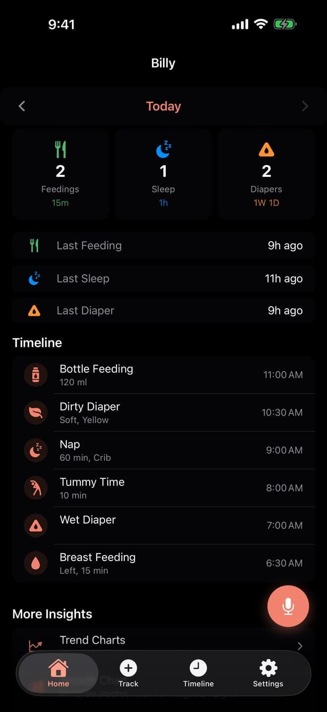 EasyBaby dashboard showing today's feeds, sleep, and diapers for baby Artin