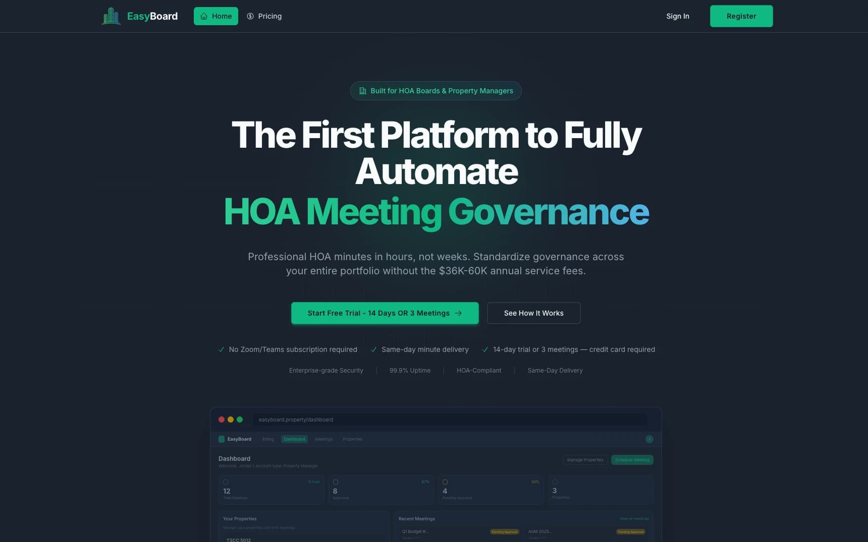 EasyBoard dashboard showing property management with meeting statistics and board member information